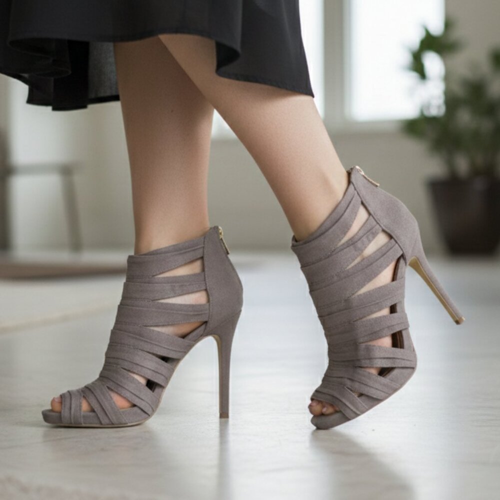 BCBGeneration Jubilee Taupe Bandage Stiletto Heels Size 9M Strappy Peep Toe